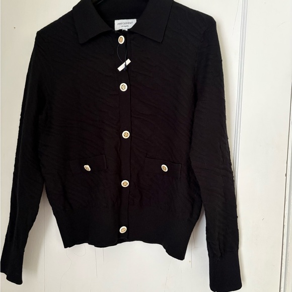 Precedent Los Angeles Black Textured Cardigan Sweater Gold Button Size S/ Chic - Picture 2 of 7